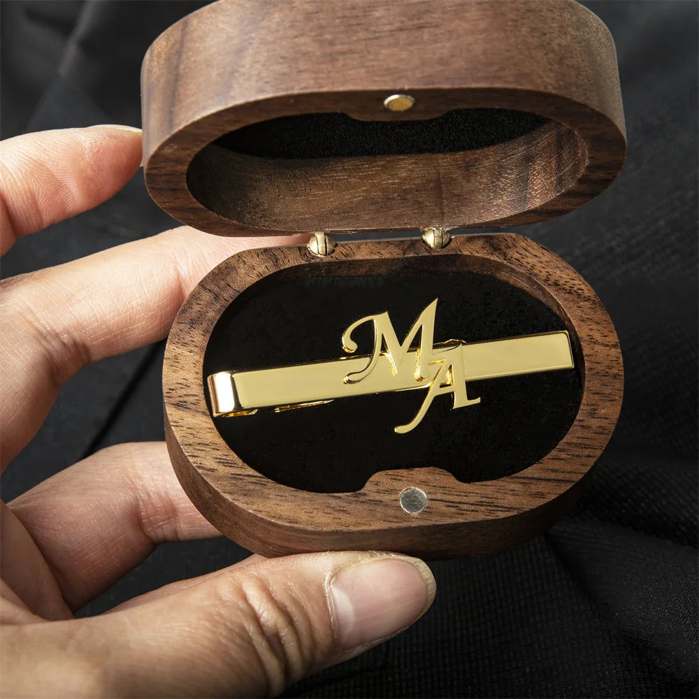 Customized gold tie clip in a wooden box
