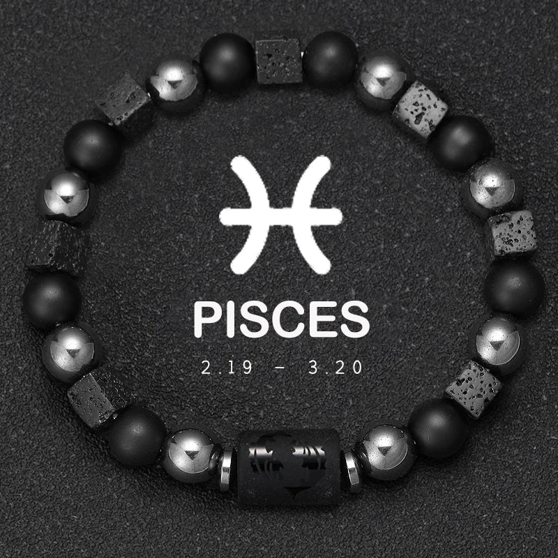 Pisces zodiac sign bracelet with black and silver beads