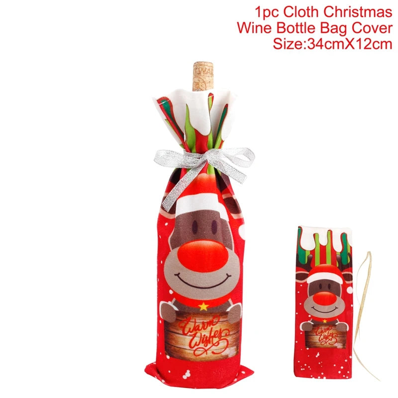 Red Christmas wine bottle bag with reindeer design on a white background