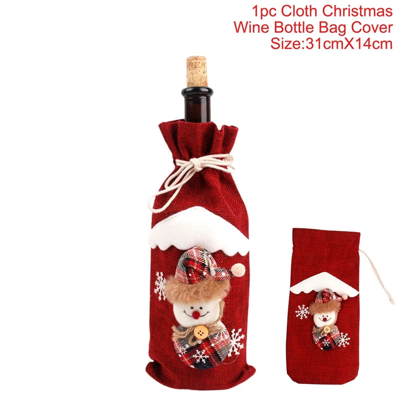 Red Christmas wine bottle bag with snowman design on a white background