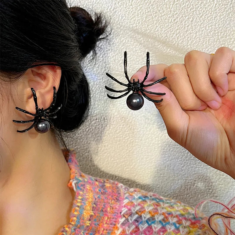 Halloween Black Spider Pearl Imitation Earrings