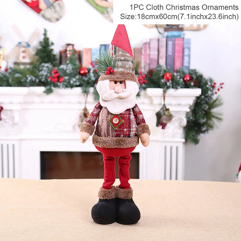 Santa Claus decoration on a table with a decorated fireplace in the background