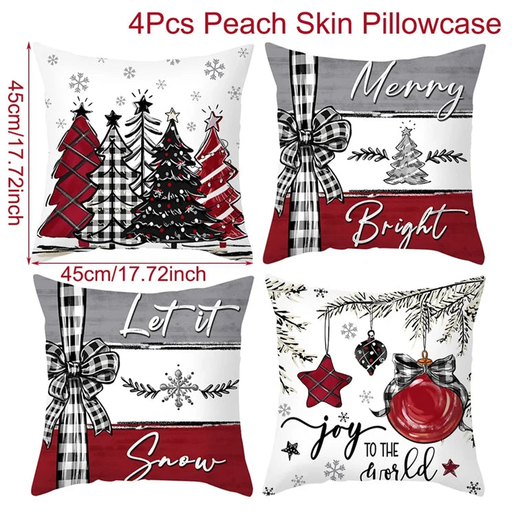 Four Christmas-themed pillowcases with decorative patterns and text on a white background.