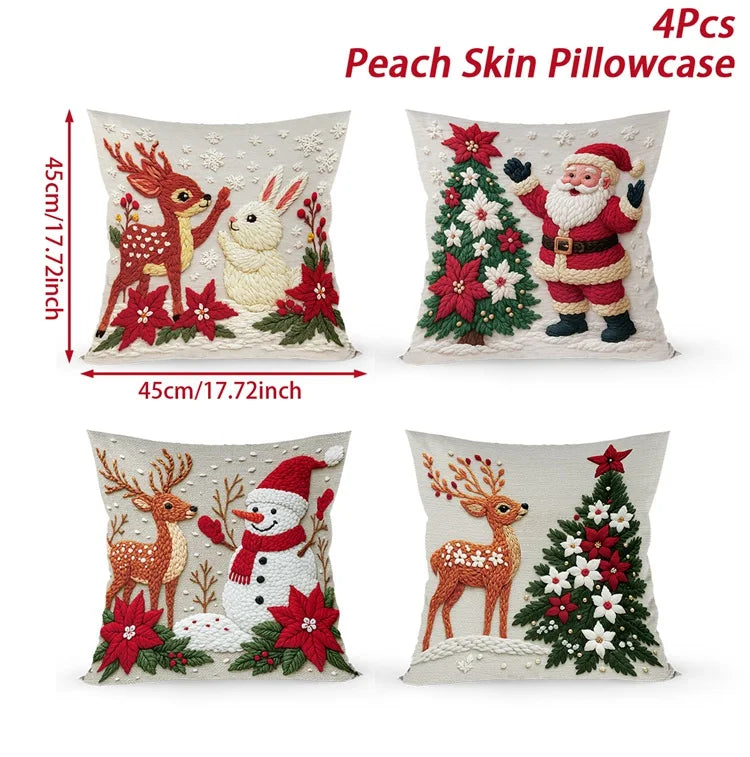 Four Christmas-themed pillowcases with measurements on a white background