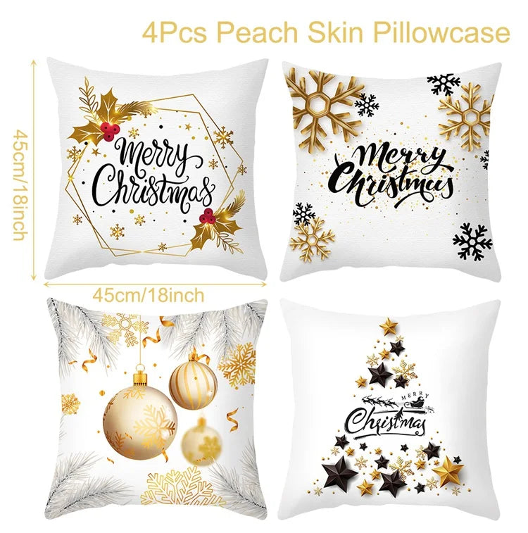 Four Christmas-themed pillowcases with decorative designs on a white background.