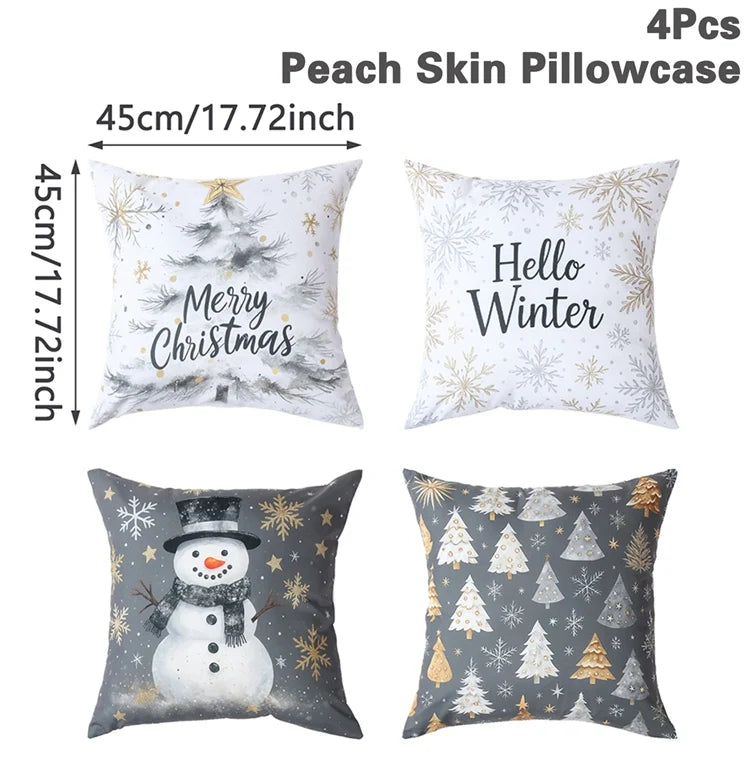 Four Christmas-themed pillowcases with designs and text on a white background
