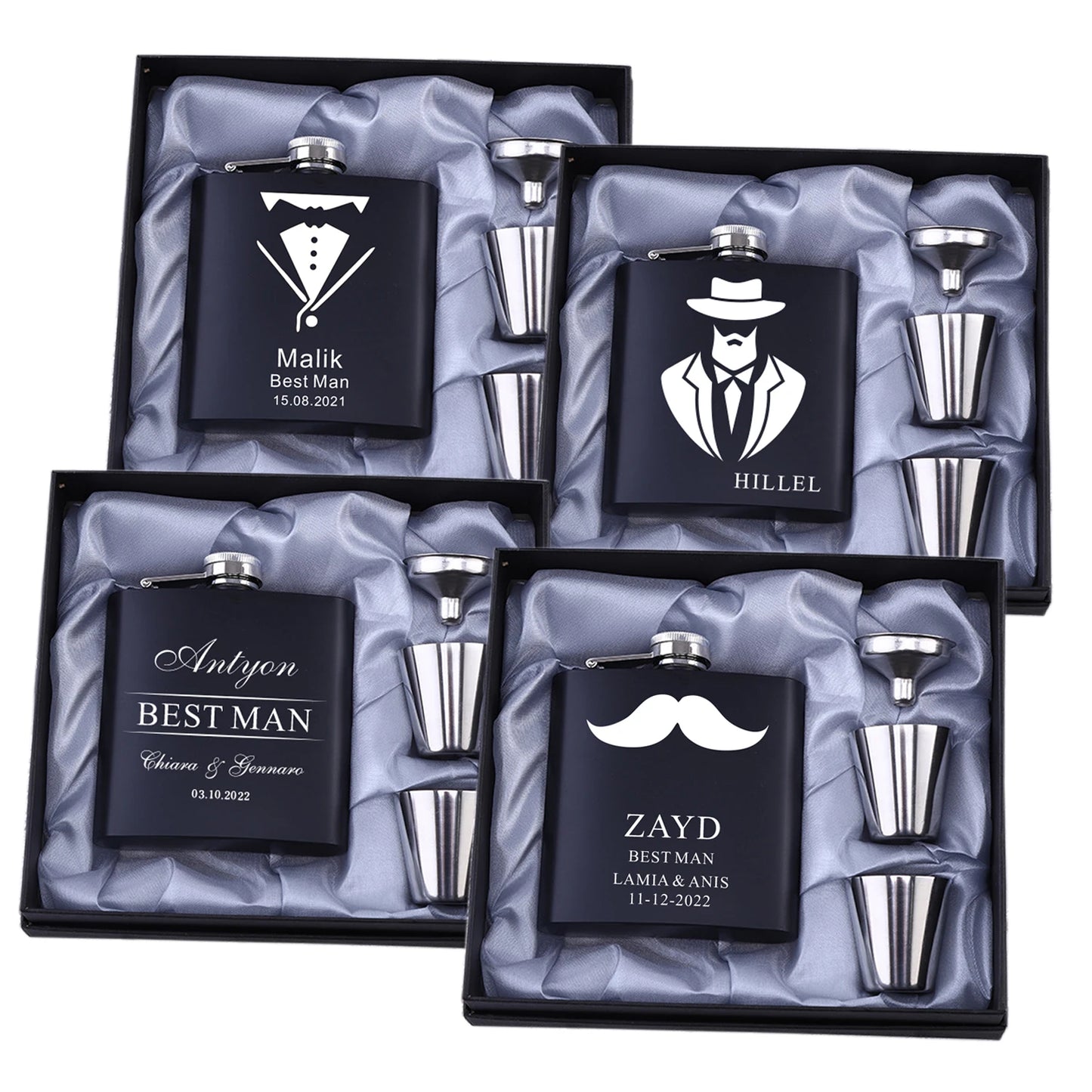 Set of personalized black flasks with silver accents in gift boxes.