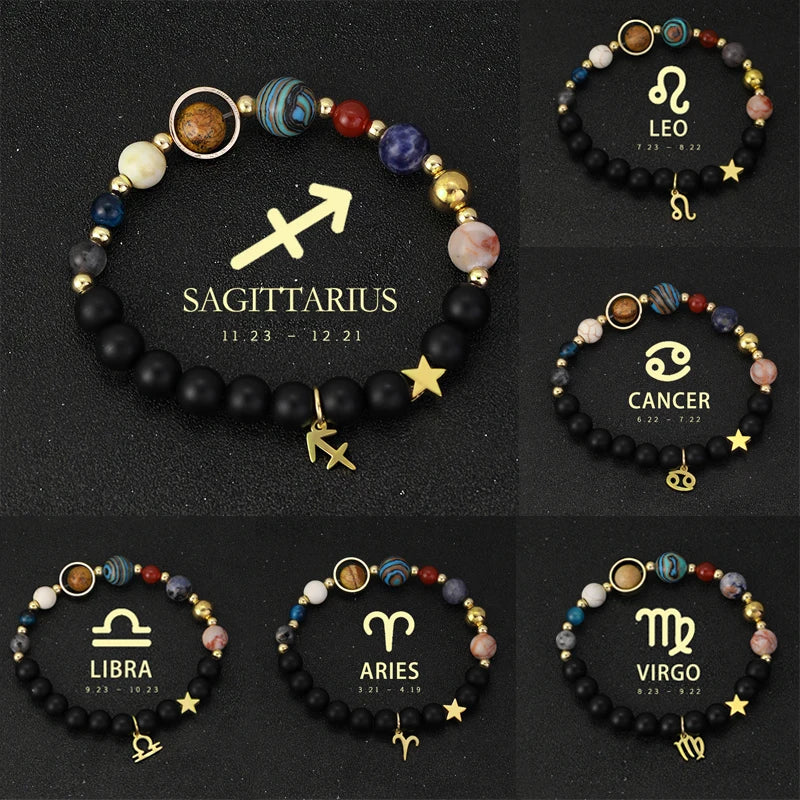 Set of zodiac-themed bracelets on a black background