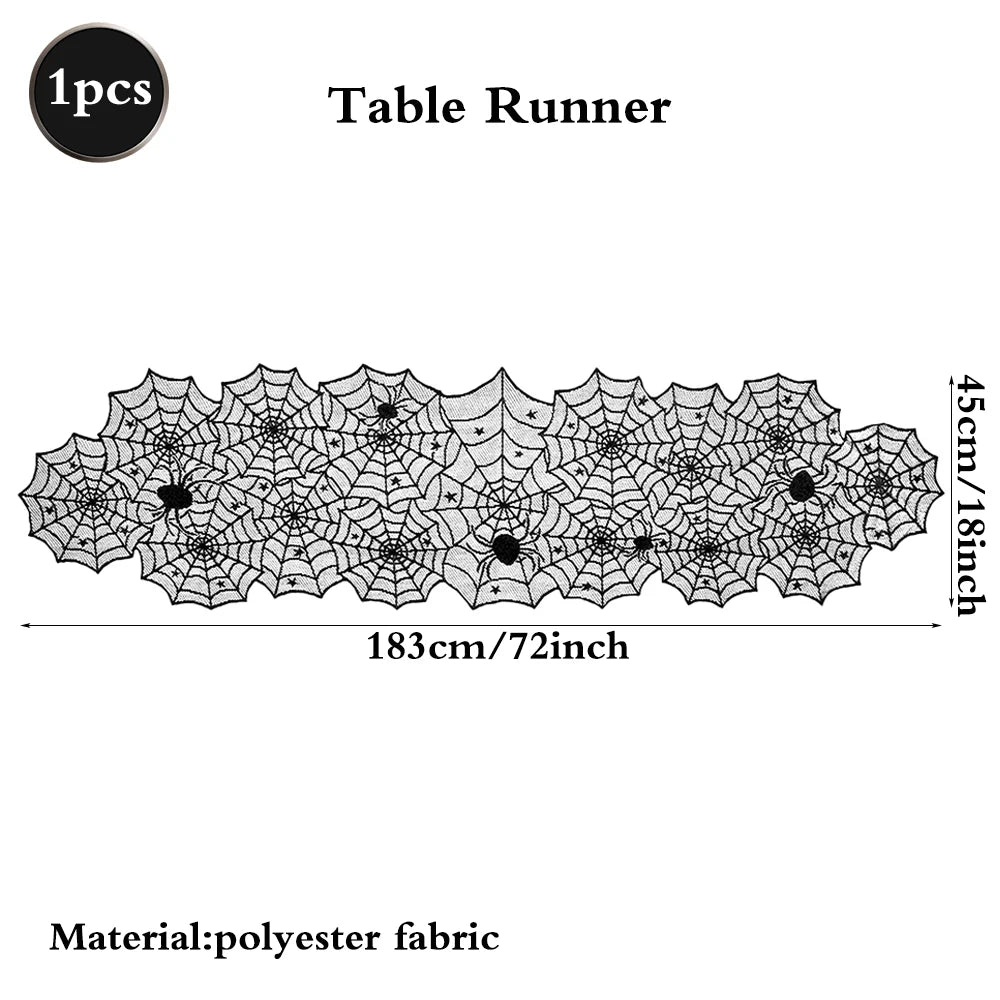 Table runner with spider web design and measurements on a white background