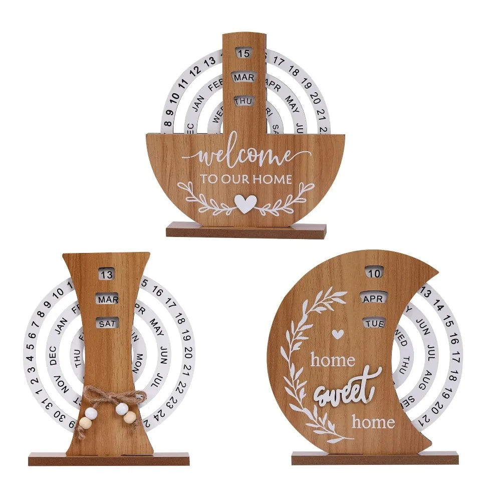Wooden calendar with decorative elements on a white background