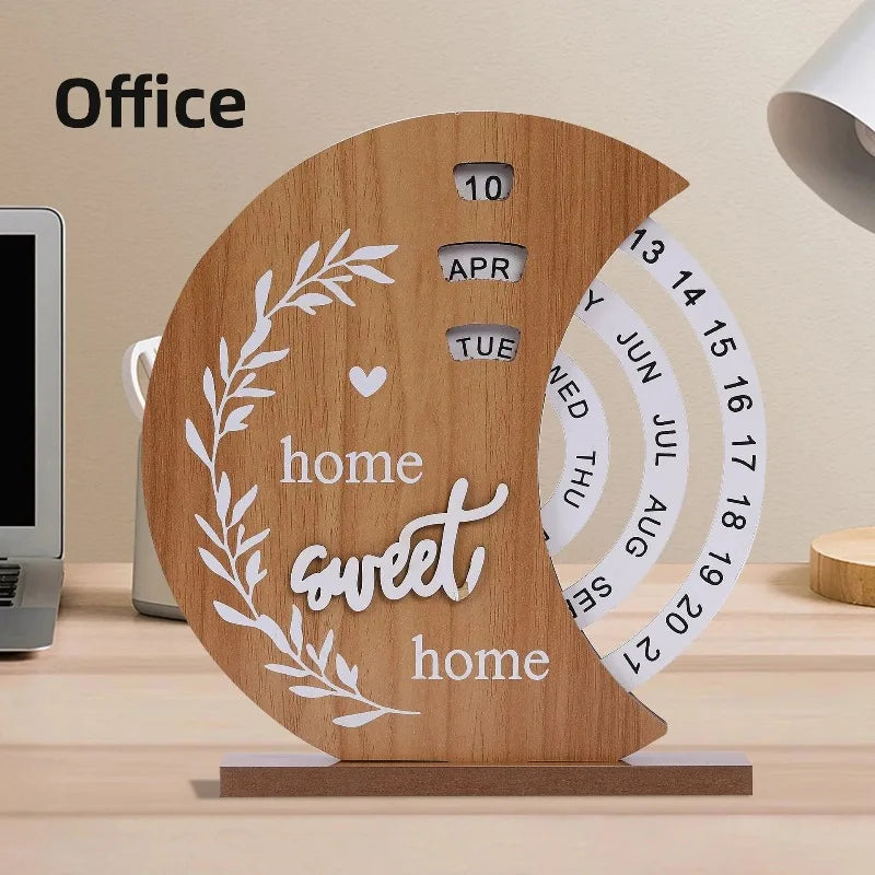 Wooden desk calendar with 'home sweet home' text