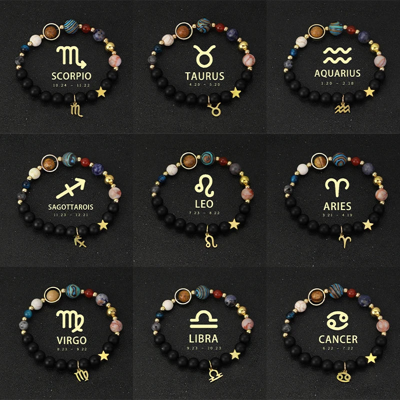 Zodiac bracelet collection with corresponding zodiac signs on a black background