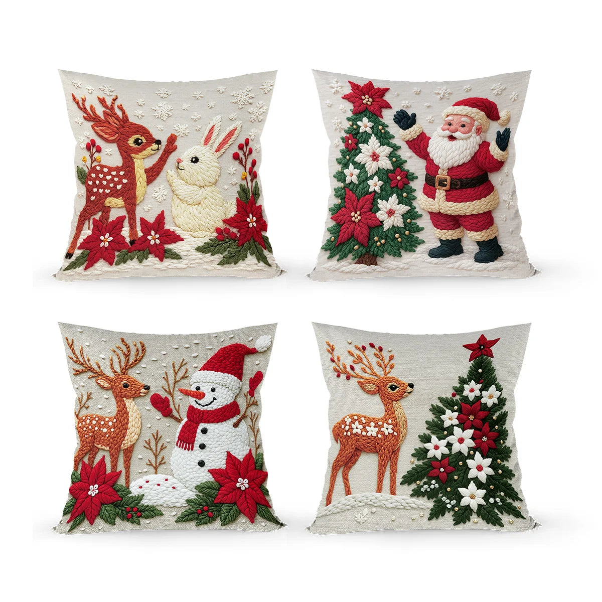 Set of four Christmas-themed decorative pillows with reindeer, Santa Claus, and snowman designs.