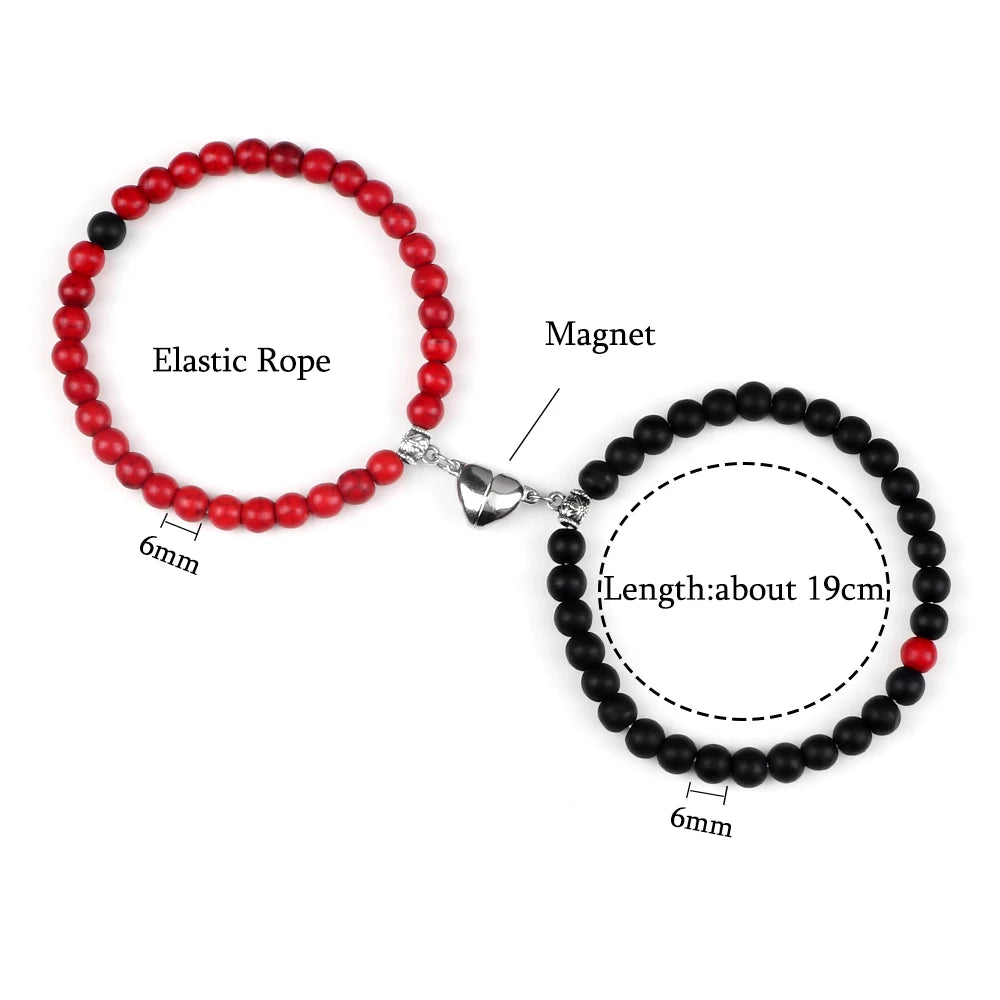 Two beaded bracelets with an elastic rope and magnet, labeled with measurements on a white background.
