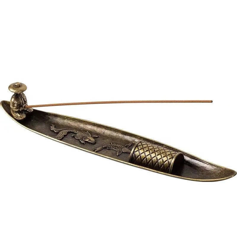 Decorative bronze incense holder with intricate designs on a white background